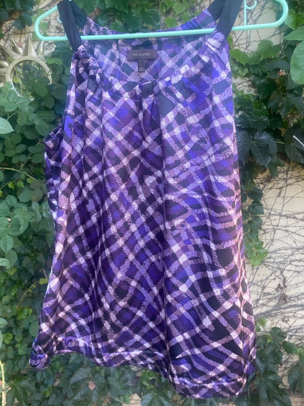 The Limited Purple Abstract Plaid Blouse with Black Straps - Large